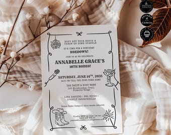 Plantilla de invitación clásica y caprichosa para 18.º cumpleaños, vaquera, fiesta de baile con bebidas, invitación femenina, editable en Canva, 13 x 18 cm, imprimible, BD108
