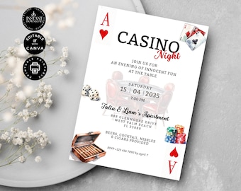 Modern Casino Night Party Invitation, Home Party Invite Editable, Printable Card, Poker Get together, Inst Download, Edit Canva 5x7&quot;, PTS01