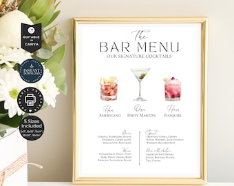 Signature Cocktail Modern Wedding Drinks | Dirty Martini | Bar Menu Sign Template | Editable DIY Canva Instant Download | 180+ Images | CT03