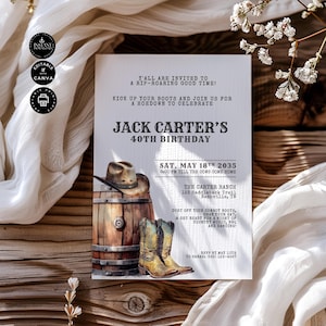 May include: A white invitation with a rustic western theme. The invitation is for Jack Carter's 40th birthday party. The invitation features a cowboy hat, boots, and a barrel. The party is at The Carter Ranch on 18th May 2035 at 6:00 PM. RSVP by 10th May to Sarah (555) 123-4567.