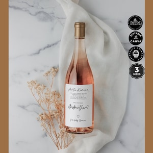Modelo de proposta clássico Você será minha madrinha, rótulo de garrafa de vinho, menina menino, Canva 3 tamanhos, editável, download instantâneo para impressão, DL01