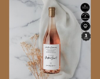 Classic Will You Be My Godmother Proposal Template, Wine Bottle Label, Baby Girl Boy, Canva 3 Sizes, Editable, Inst Download Printable, DL01