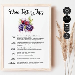 Wine Tasting Sign Printable Template, Wine Tasting Tips, Blind Wine Tasting Party, Printable, Edit with Canva 3 Sizes, Instant Download, P09