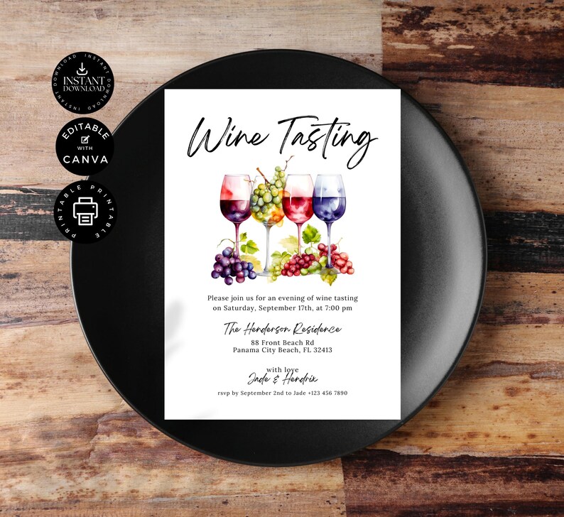 Plantilla de invitación para cata de vinos, fiesta del vino, invitación para cata de vinos a ciegas, fiesta casera, edición imprimible en Canva de 5 x 7 pulgadas, descarga instantánea, P04 imagen 7