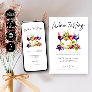 Modern Wine Tasting Invitation Template, Blind Wine Tasting Party Invite, Printable, Digital Phone, Canva 3 sizes, Instant Download, P04b