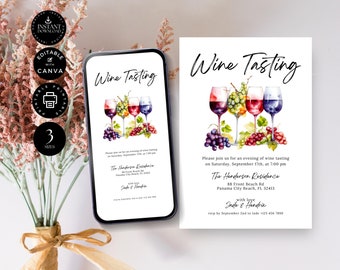 Puede incluir: Una tarjeta de invitación blanca con una ilustración de acuarela de cuatro copas de vino con uvas. El texto de la tarjeta dice "Cata de vinos" e incluye detalles sobre el evento, como la fecha, la hora, el lugar y la información de RSVP.