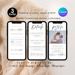 Modern Electronic Wedding Invite, Details, RSVP Card Template | Email, Text Message, WhatsApp Canva | Evite smartphones & iPhone X  | W04.21