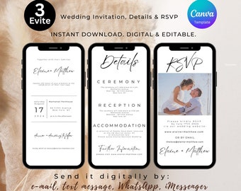Modern Electronic Wedding Invite, Details, RSVP Card Template | Email, Text Message, WhatsApp Canva | Evite smartphones & iPhone X  | W04.21