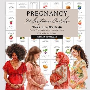 Pregnancy Milestone Cards, Week 4 to 40, Fruit Veggie Size Comparison, Personalized Name Due Date Notes, Baby Growth Chart, Edit Canva, PR01