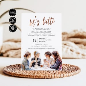May include: Invitation to a coffee catch-up at Spyhouse Coffee in St. Paul, Minnesota on Saturday, June 12th, 2035 at 10 AM. The invitation features a watercolor illustration of five women enjoying coffee together.