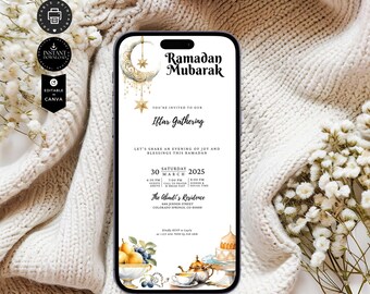 May include: A digital invitation for an Iftar gathering during Ramadan. The invitation features a crescent moon with stars, a teapot, and a plate of fruit. The text reads "Ramadan Mubarak" and "You're invited to our Iftar Gathering". The date and time of the event are listed as "Saturday, March 30, 2025" with times for arrival, breaking fast, and social time. The location is listed as "The Abadi's Residence, 888 Jenner Street, Colorado Springs, CO 80908".