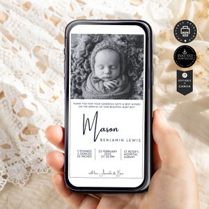 Modèle de faire-part de naissance, carte photo nouveau-né garçon, électronique, SMS Eviter le téléphone, carte de remerciement, format international Télécharger, retoucher avec Canvas, B05a