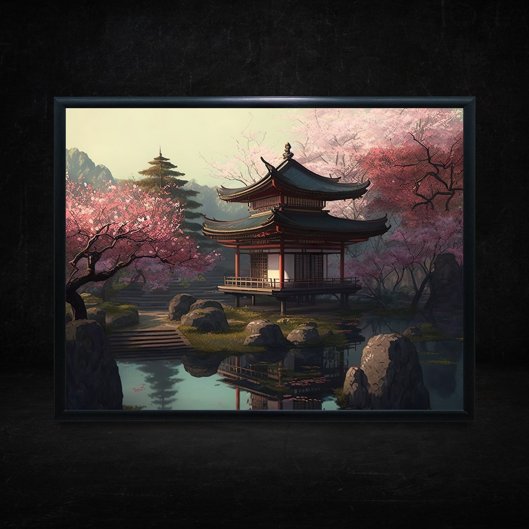 Traditional Japanese Garden Wall Art Poster Cherry Blossoms, Koi Ponds