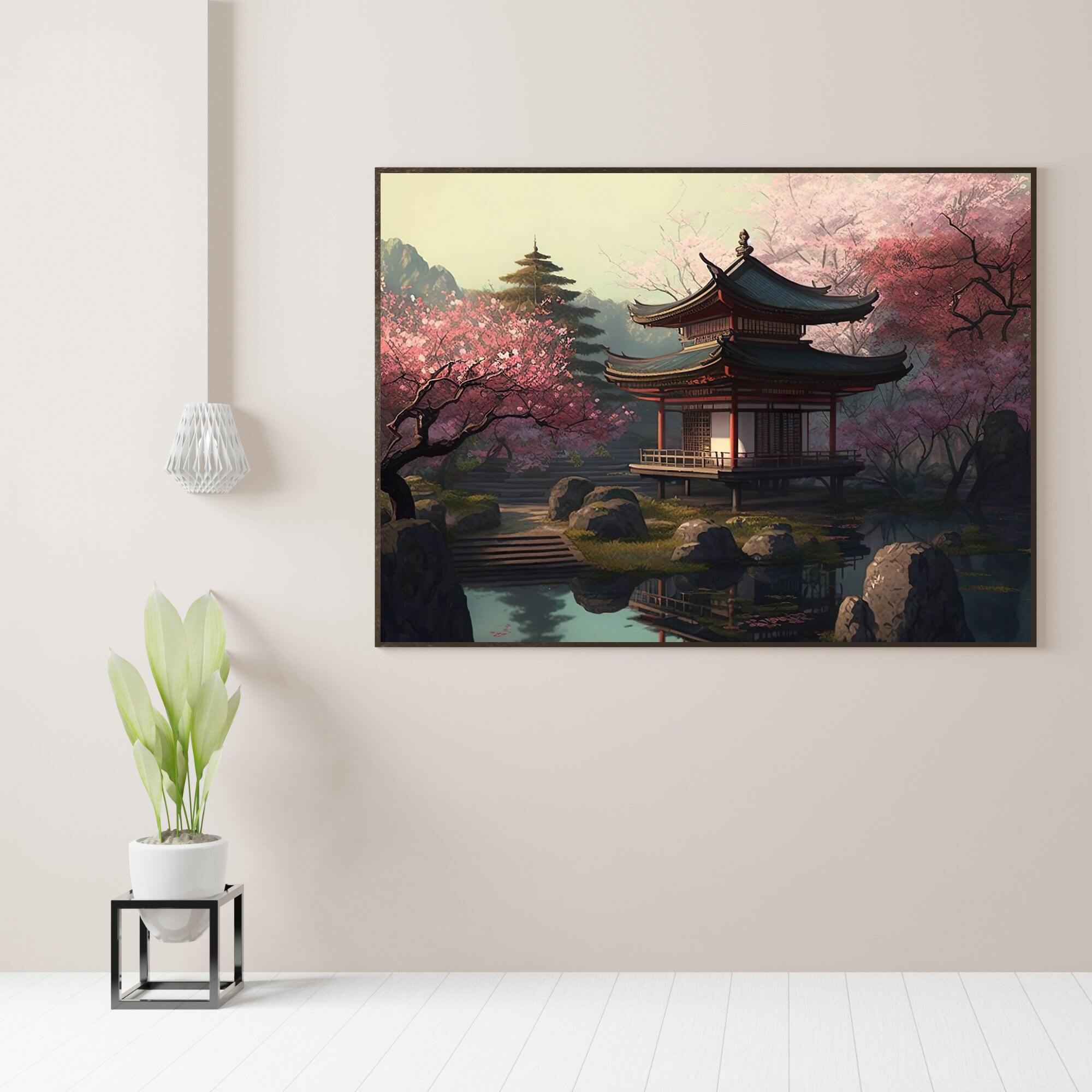 Traditional Japanese Garden Wall Art Poster Cherry Blossoms, Koi Ponds ...