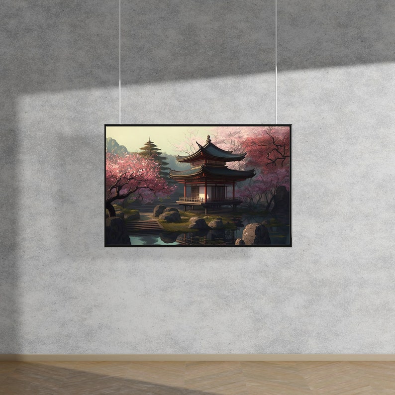 Traditional Japanese Garden Wall Art Poster Cherry Blossoms, Koi Ponds
