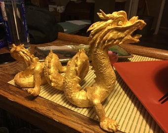 Gold dragon, paper clay, papier mache, paper mache sculpture