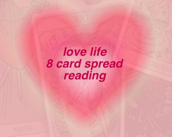 May include: A pink and white tarot card spread with a heart shape in the center. The text "love life 8 card spread reading" is written in the center of the heart.