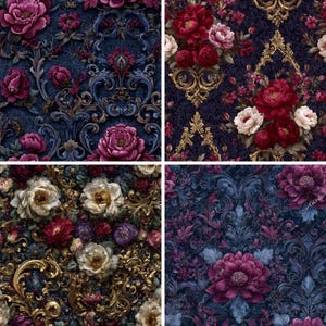 Könnte beinhalten: Vier quadratische Bilder mit floralen Mustern. Jedes zeigt einen dunklen Hintergrund mit aufwendigen floralen Designs in Burgunderrot, Rosa, Creme und Gold. Die Muster umfassen Rosen, Pfingstrosen und barocke Schnörkel, die eine Vintage- und romantische Ästhetik schaffen.
