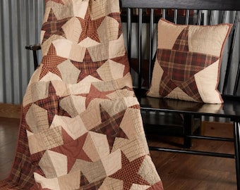 Star Quilt Throw Blanket Farmhouse Sofa Covering Bedroom Decor Rustic Americana Country Style Burgundy Plaid Handmade Patchwork Traditional