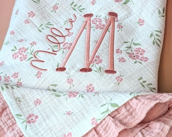 Personalized Baby Blanket Custom Name Monogram Gift Baby Shower Present Newborn Swaddle Muslin Cotton Floral Nursery Bedding Pink Ruffle
