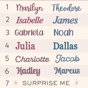 a collection of names in various fonts, including Marilyn, Isabelle, Gabriela, Noah, Julia, Dallas, Charlotte, Hadley, and Marcus, along with the phrase "Surprise Me" at the bottom.