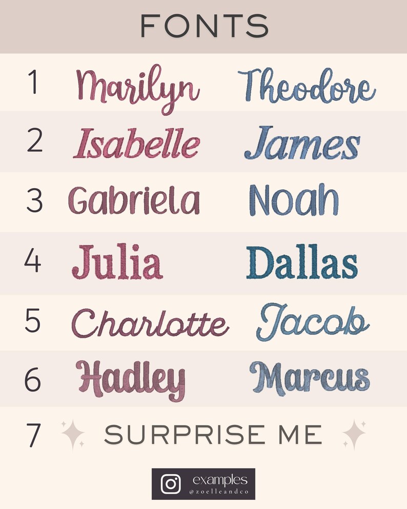 a collection of names in various fonts, including Marilyn, Isabelle, Gabriela, Noah, Julia, Dallas, Charlotte, Hadley, and Marcus, along with the phrase "Surprise Me" at the bottom.