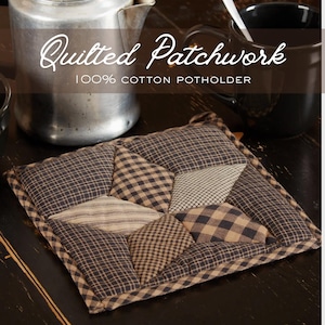 May include: A quilted patchwork potholder made of 100% cotton. The square potholder features a variety of patterned fabric patches in shades of brown, tan, and cream. The text "Quilted Patchwork 100% Cotton Potholder" is displayed on the image.