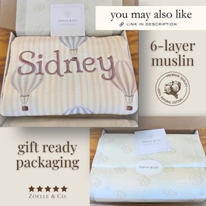 The image is a collage of three photos featuring a 6-layer muslin blanket with a hot air balloon design, a gift-ready packaging, and a gift box.