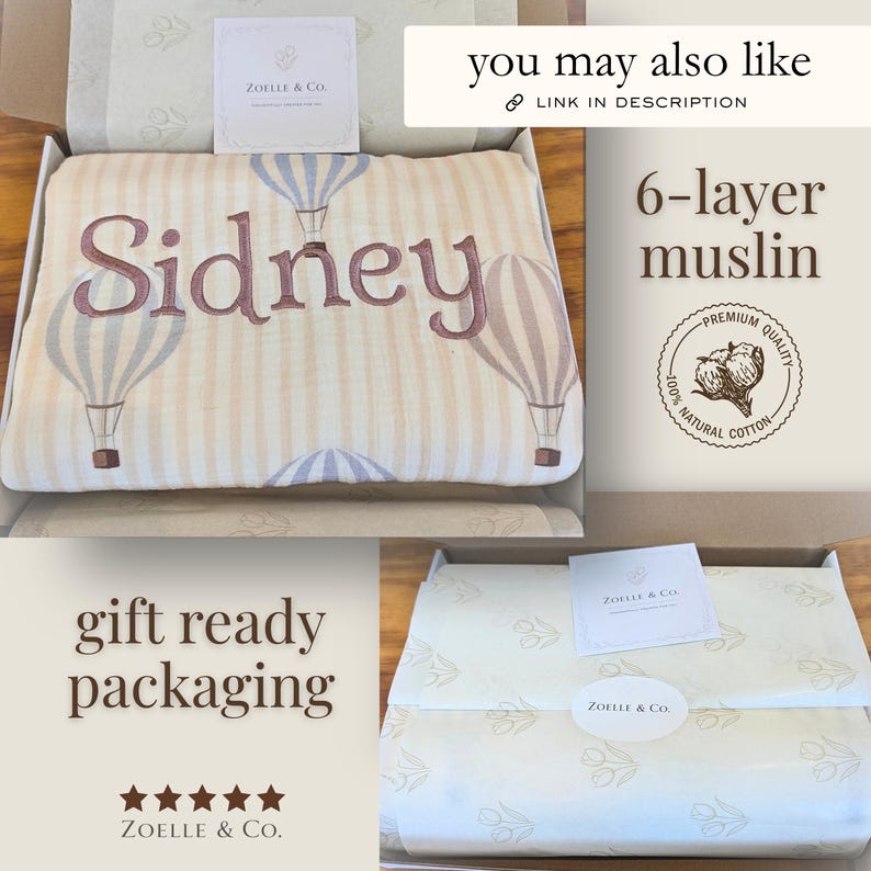 The image is a collage of three photos featuring a 6-layer muslin blanket with a hot air balloon design, a gift-ready packaging, and a gift box.