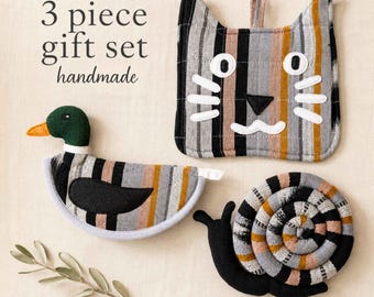 Cat Potholder Set Kitchen Linen Animal Design Bird Trivet Heat Resistant Hot Pad Housewarming Gift Hostess Present New Home Cotton Textile