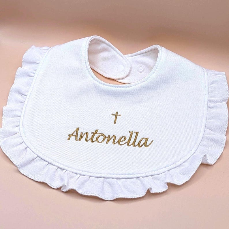 Personalized Christening Bib Personalized Baptism Accessory Cotton Embroidered Cross Religious Keepsake Baby Bandana Christening Outfit image 10