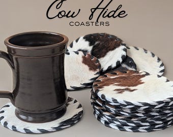 Cowhide Leather Coaster Set Handmade Western Accessory Rustic Kitchen Counter Protection Drink Mat Natural Hide Beverage Holder Farmhouse