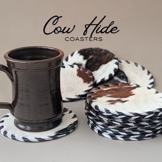Cowhide Leather Coaster Set Handmade Western Accessory Rustic Kitchen Counter Protection Drink Mat Natural Hide Beverage Holder Farmhouse