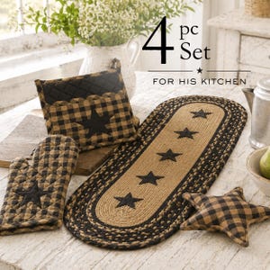 May include: A 4-piece kitchen set with a rustic theme. Includes a black and tan checkered oven mitt, pot holder, star-shaped pillow, and a braided runner with black stars. The text "FOR HIS KITCHEN" is visible.