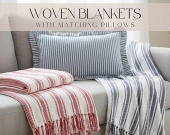 Cotton Stripe Blanket Red Throw Traditional Woven Textile Farmhouse Holiday Pillow Patriotic Home Accent Classic Blue Coastal Design Pillow