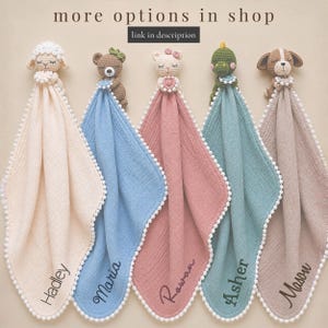a collection of crocheted baby towels or rugs, each with a unique name embroidered on them. The towels are arranged in a row, with the names "Haley", "Olivia", "Regan", "Asher", and "Nelson" visible on each towel.