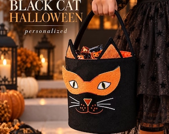 Black Cat Trick or Treat Bag Personalized Halloween Basket Kids Custom Name Candy Bucket Cat Halloween Gift October Treat Bag