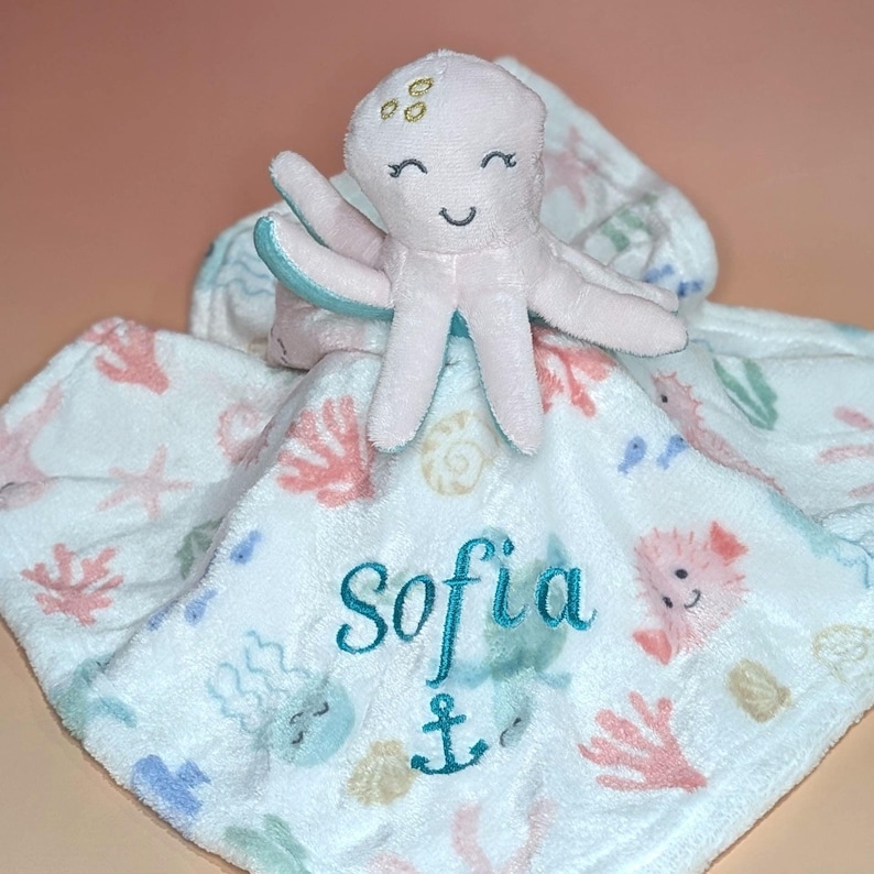 Ocean Nursery Blanket Baby Lovey Octopus Gift Sea Themed Marine Creature Plush Toy Starfish Comfort Item Personalized Newborn Present image 2