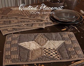 Quilted Cotton Placemat Set Dining Table Linen Farmhouse Kitchen Textile Reversible Mat Patchwork Star Design Primitive Country Home
