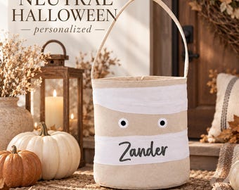 Personalized Mummy Trick or Treat Bag Neutral Halloween Basket Custom Name Cotton Canvas Candy Bag Kids Halloween Gift