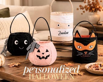 Personalized Halloween Basket Kids Trick or Treat Bag Halloween Keepsake Boo Basket Custom Embroidered Candy Bucket Toddler Halloween Gift