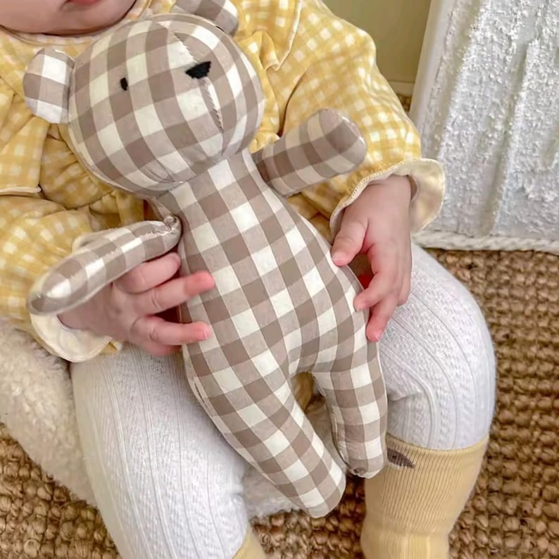 Nursery Decoration Teddy Bear Handmade Cotton Gingham Fabric Beige White Pattern Baby Room Decor Aesthetic Design Classic Stuffed Animal Soft Toy Child Bedroom Accessory Ten Inch Tall Embroidered Features Quality Construction Neutral Color
