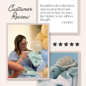 The image is a collage featuring a woman holding a baby blanket with the name "Cannon" printed on it, surrounded by balloons and a stuffed turtle toy.