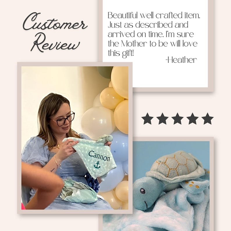 The image is a collage featuring a woman holding a baby blanket with the name "Cannon" printed on it, surrounded by balloons and a stuffed turtle toy.