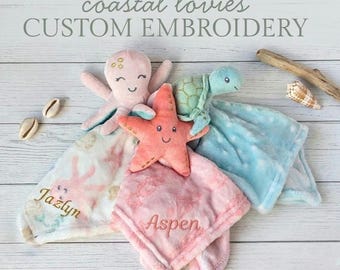 Turtle Security Blanket Baby Shower Gift Idea Marine Animal Lovey Comfort Object Custom Newborn Toy Sea Creature Nursery Decoration Ocean