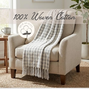 Cotton Gingham Throw Blanket Tassel Fringe Handtied Luxury Bedroom Stone Check Pattern Monogram Personalized Gift Bridal Shower Present