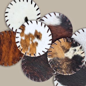 Handmade Western Coasters Genuine Cowhide Leather Set Natural Hair On Hide Unique Pattern Design Rustic Table Protection Drink Holder Collection Country Style Home Accessory Leather Stitched Edges Quality Craftsmanship Kitchen Counter Guard for coastal country cottage