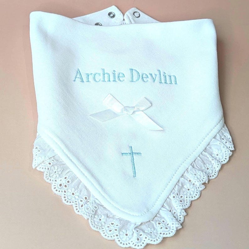 Personalized Christening Bib Personalized Baptism Accessory Cotton Embroidered Cross Religious Keepsake Baby Bandana Christening Outfit image 11