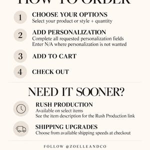 The image is a step-by-step guide on how to order items, with options for selecting a product or style, adding personalization, adding to cart, and checking out. It also mentions rush production and shipping upgrades.