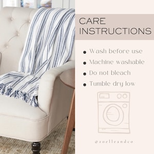 The image is a care instructions poster for a striped blanket, providing guidelines on how to properly care for the blanket.
